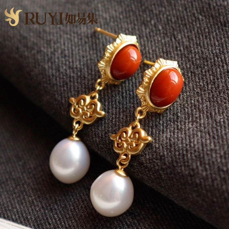 Retro earrings female Port style nostalgic natural Baroque Pearl South red earrings atmospheric long version ear ornaments