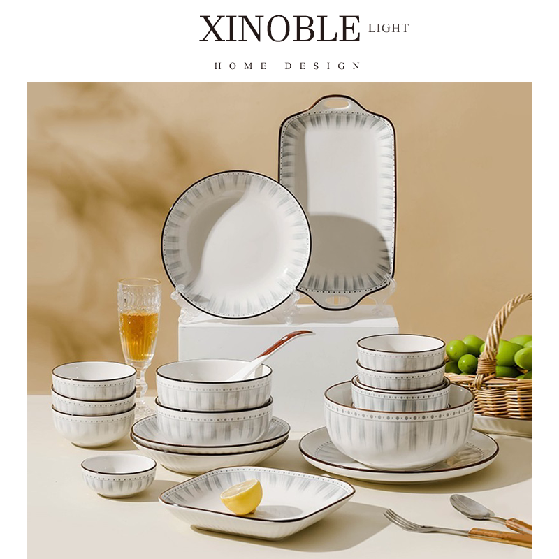 Xinoble Japanese-Style Bowl and Plate Set, Household Ceramic Bowl, Rice Bowl, Simple Housewarming Gift, Bowl and Chopsticks Tableware Set