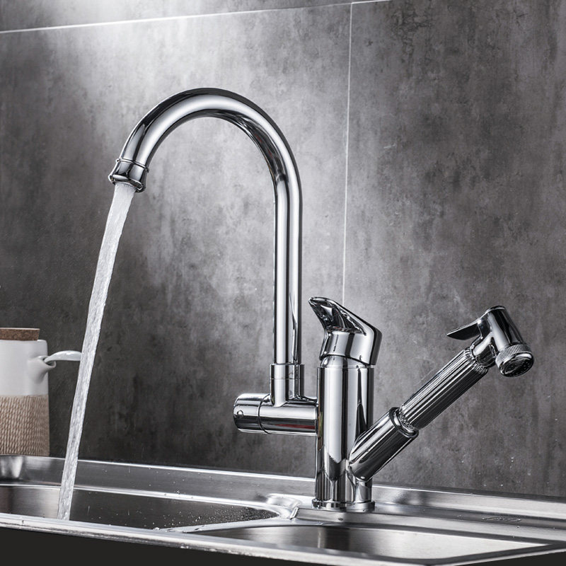 Pull-out booster hot and cold tap kitchen washing basin full copper telescopic rotatable stainless steel dishwashing pool sink