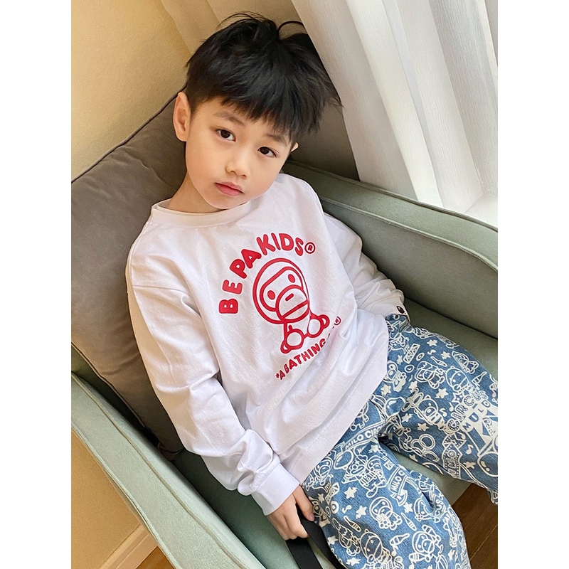 Japanese-Style Trendy Brand Monkey Print Children's Long-Sleeve T-Shirt Spring and Autumn Casual Top for Boys and Girls White Base Layer