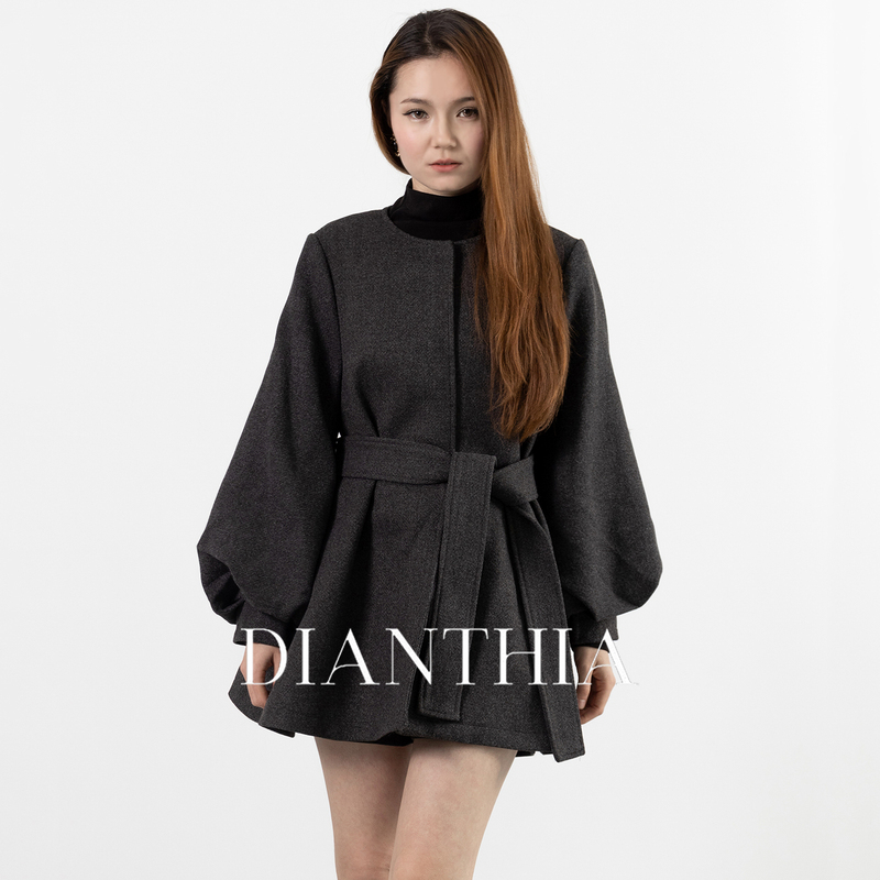 Dianthia Skirt-Style Lantern Sleeve Mid-Length Woolen Coat, Autumn and Winter Design Women's New Trench Coat
