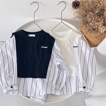 Xiaojies boy cotton fake two-piece shirt sweater 2021 new spring dress small children Tide brand coat