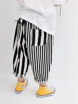 Xiaojiejia 2021 early autumn new boys anti-mosquito pants childrens nine-point pants vertical stripe casual pants