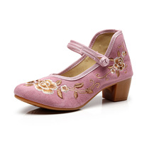 2020 Old Beijing Women Hanfu Shoes Ethnic Style Embroidered Shoes Chinese Style Jacquard Tough Heel Comfortable Dance Shoes