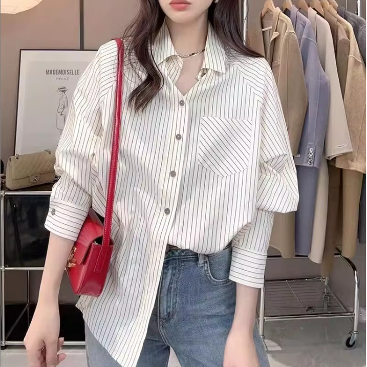 Striped Shirt for Women, Spring and Autumn Layering Shirt, High-End Niche Design, Casual Versatile Polo Top Jacket