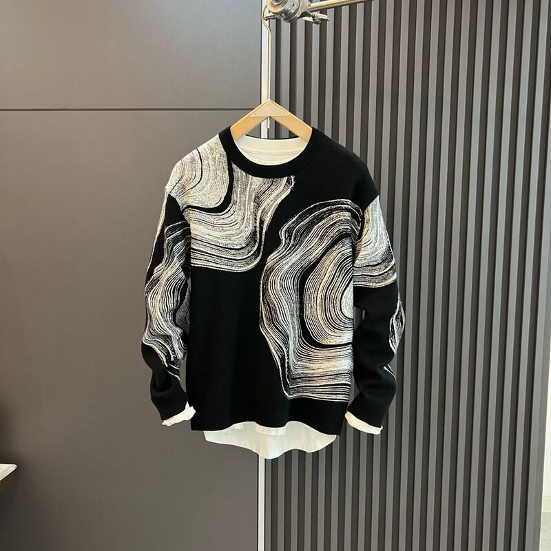 Autumn and Winter New Creative Graffiti Sweater Men's Trendy Fashion Jacquard Long-Sleeve Casual Versatile Slim-Fit Knitwear