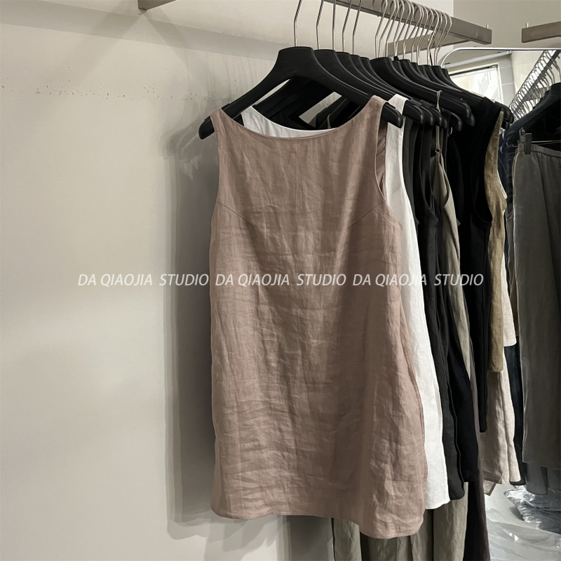 French-Style Backless U-Neck Linen Camisole Dress for Women, 2026 Summer New Style, Elegant and Slimming Mid-Length Tank Dress