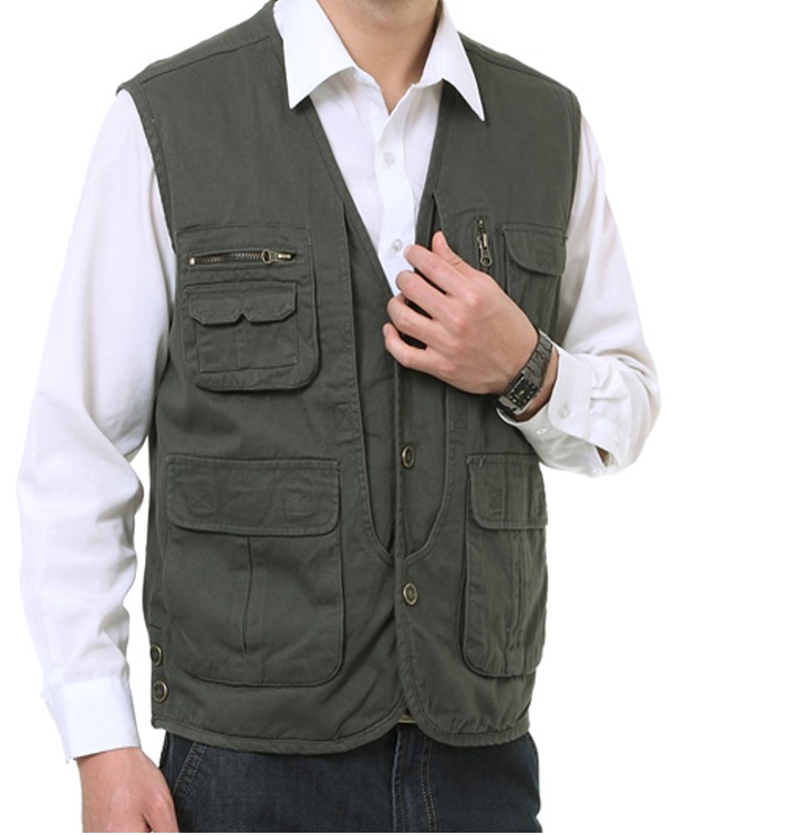 Mùa xuân trung niên và mùa thu mỏng phần nhiều túi vest nam cotton câu cá cha vest lỏng vest ao ghi le