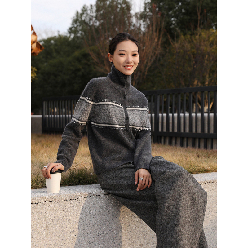 Zhou Zhou Korean Style Retro Color-Block Striped Turtleneck Wool Cardigan 2025 Winter New Single-Breasted Sweater Coat for Women