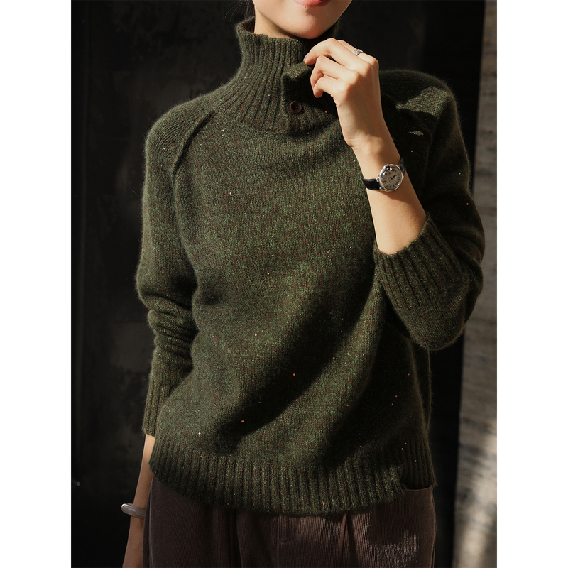 Zhouzhuo Green Cashmere Soft and Thick Turtleneck Sweater 25 Winter New Style Lazy Style Sequin Base Knitwear for Women