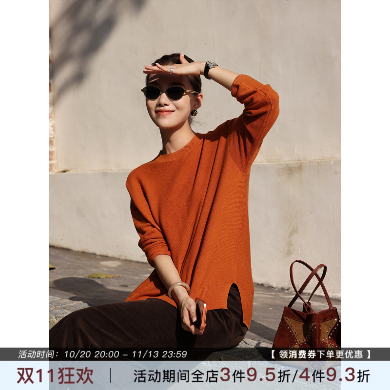 Zhou Zhou [Border] 26 Autumn New Loose Slimming Merino Wool Round Neck Long Sleeve Slit Knit Sweater for Women