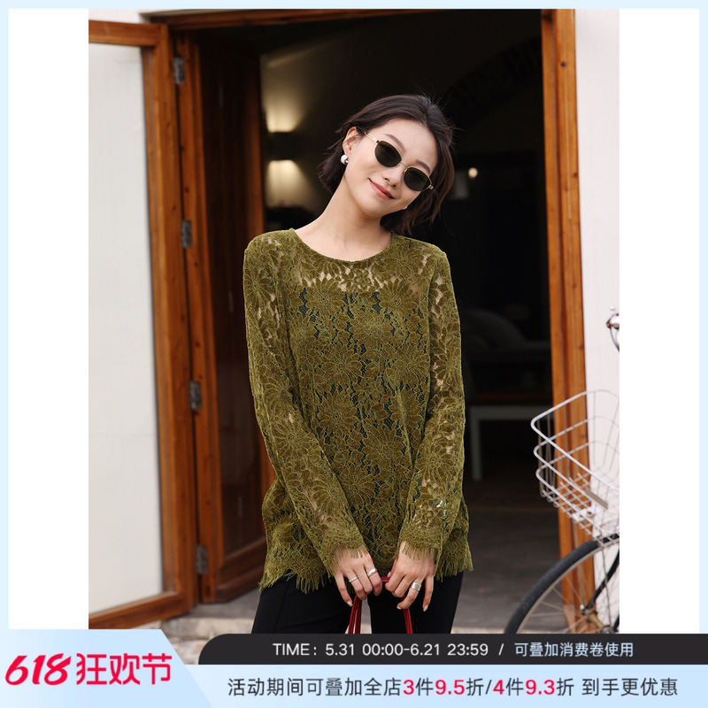 Zhou Zhou Fashion Hollow-Out Velvet Long-Sleeve Blouse 2026 Summer New Loose Versatile Round-Neck Lace Top for Women Zhou Zhou Fashion Hollow-Out Velvet Long-Sleeve Blouse 2026 Summer New Loose Versatile Round-Neck Lace Top for Women