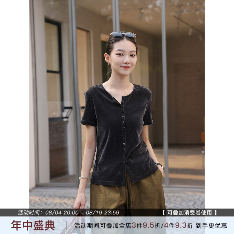 Zhou Zhou Fashion Round-Neck Velvet Short-Sleeve T-Shirt 26 Summer New Slim-Fit Thin Regular Shoulder Acetate Top for Women Zhou Zhou Fashion Round-Neck Velvet Short-Sleeve T-Shirt 26 Summer New Slim-Fit Thin Regular Shoulder Acetate Top for Women