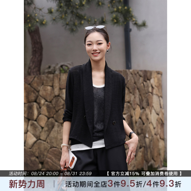 Zhou Zhou Black 26 Autumn Linen Lightweight Short Slim-Fit Long-Sleeve Top Loose Versatile Fashionable Cardigan Jacket for Women