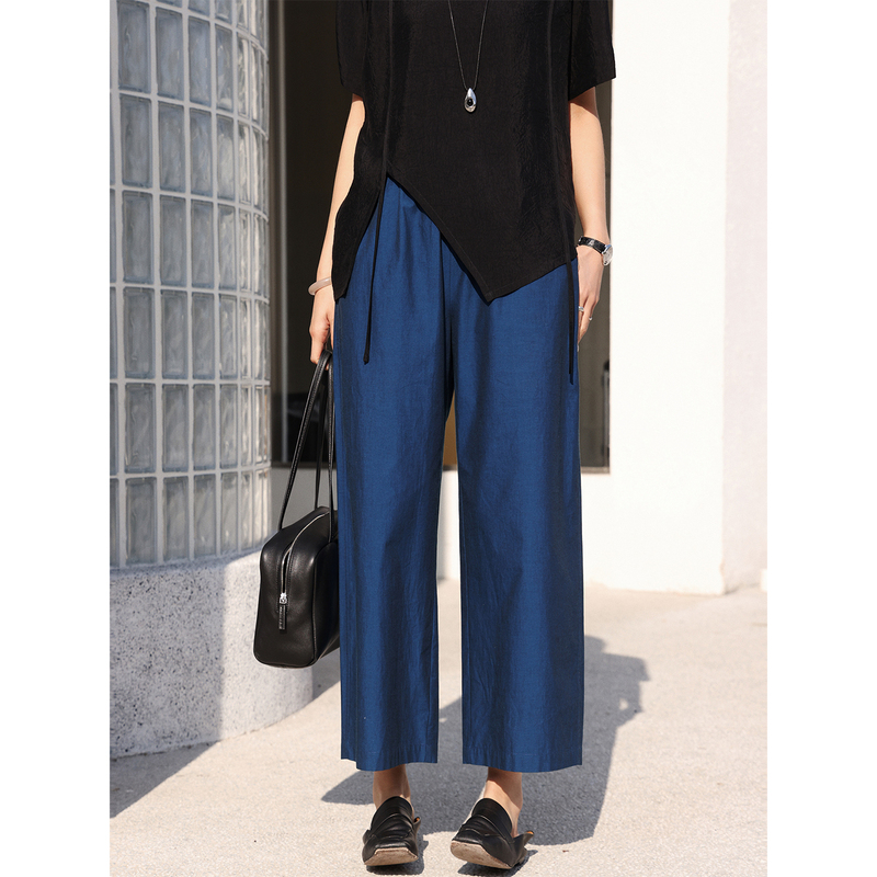 Zhou Zhou Blue Fashionable Simple Pure Cotton Nine-Point Casual Pants 26 Summer New Loose Versatile Wide-Leg Air Pants for Women
