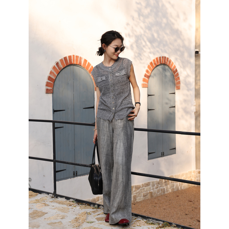Zhou Zhou [the Beauty of Texture] 26 New Style Gray Linen Textured Straight-Leg Slimming Loose Versatile Casual Pants for Women