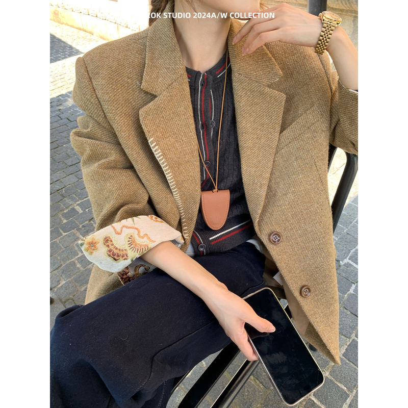 Mukok Sunset Dunes~ Classic Spring and Autumn New Style Petite Oversized Wool Tweed Blazer Woolen Coat for Women