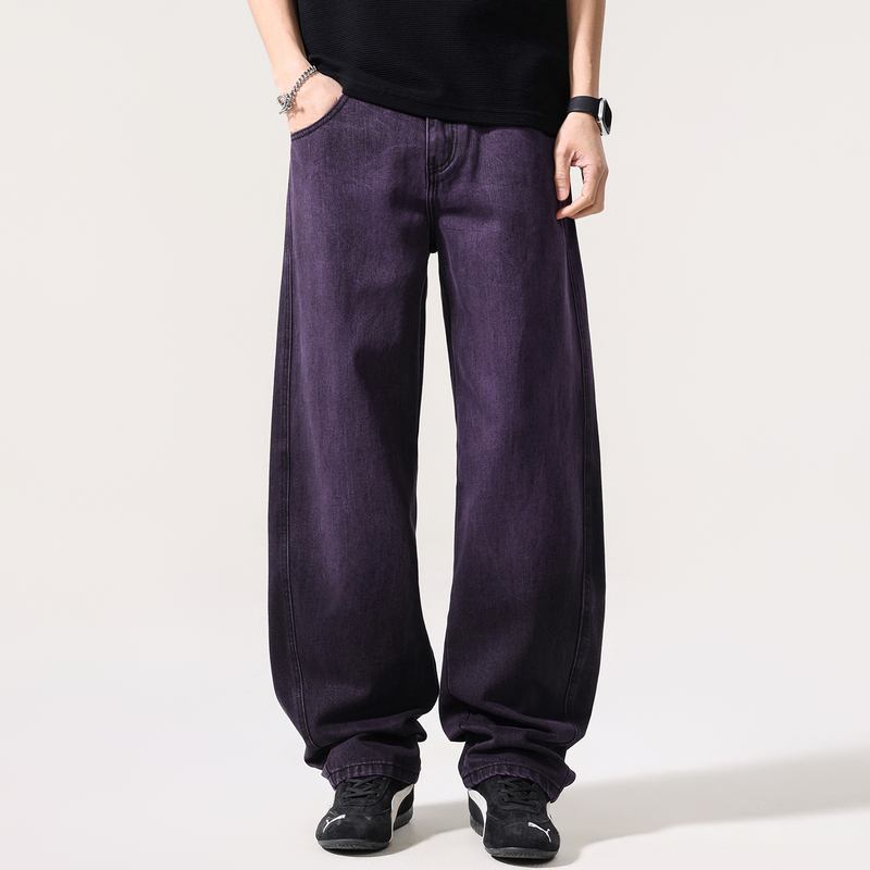 Men's American Retro Loose Straight-Leg Jeans, Versatile Casual Trendy Purple Washed Pants