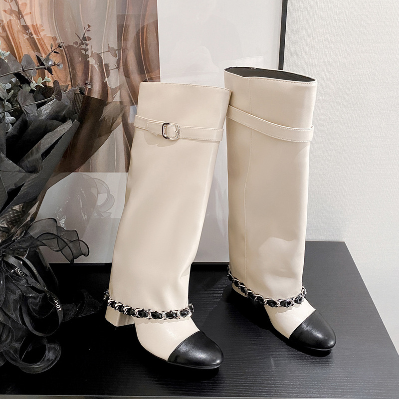 8cm High Heels, Chanel-Style Chain Chunky Heel Trouser Boots, White High-Top Riding Boots, Slimming Wrinkled Boots, Straight-Leg Long Boots