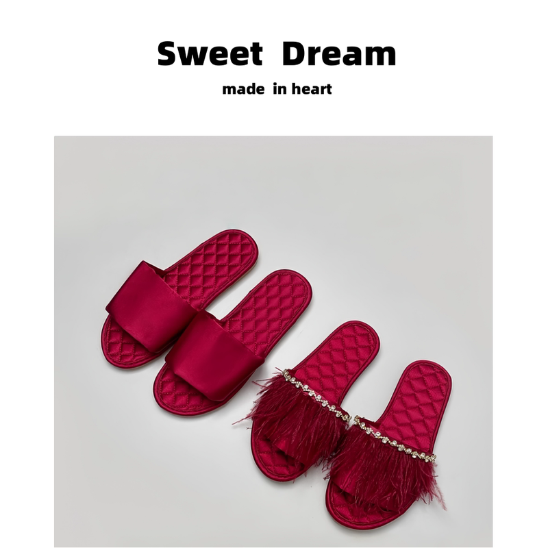 Rhinestone Ostrich Feather Couple Satin Wedding Festive Dressing Gown Women's Home Non-Slip Indoor Flip Flops