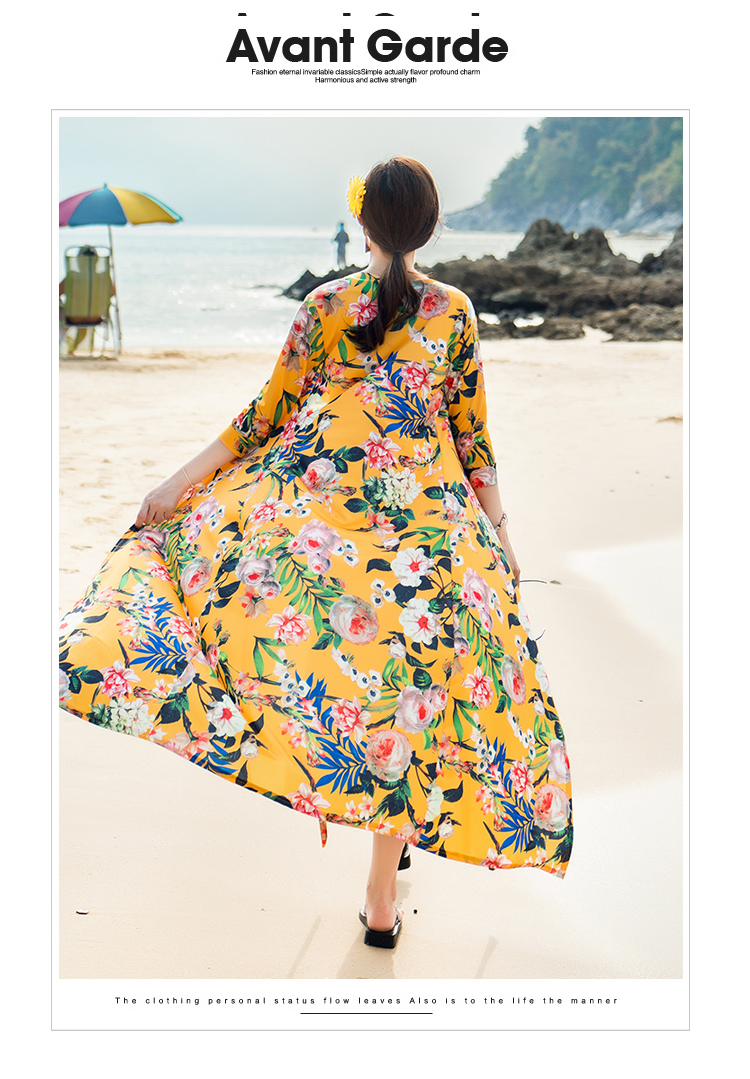 Sữa Lụa In Bãi Biển Mùa Hè của Phụ Nữ Dài Bọc Váy V-Cổ Mỏng Mỏng Băng Cardigan Tính Khí Váy đầm tay dài