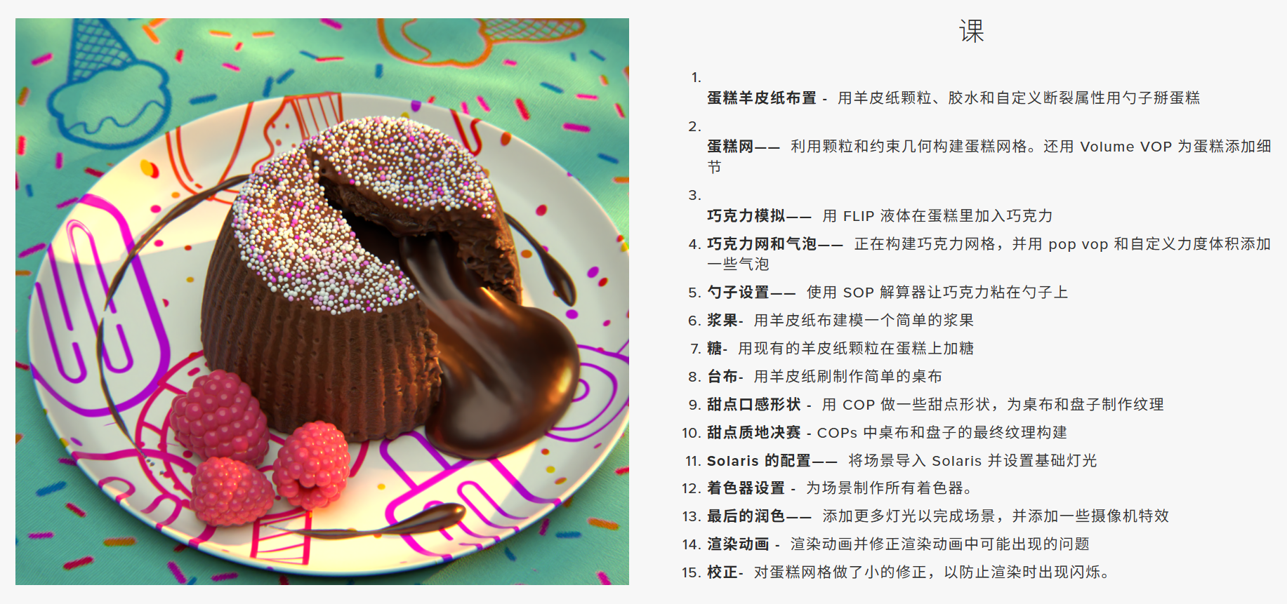 中英文字幕-Houdini烘焙甜点巧克力蛋糕模拟渲染教程 Rohan Dalvi – Houdini Dessert 