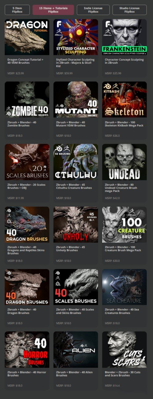 邪恶骷髅变异生物龙鳞皮肤雕刻笔刷套装 FlippedNormals – Brushes of the Damned – Blender & Zbrush FlipBox