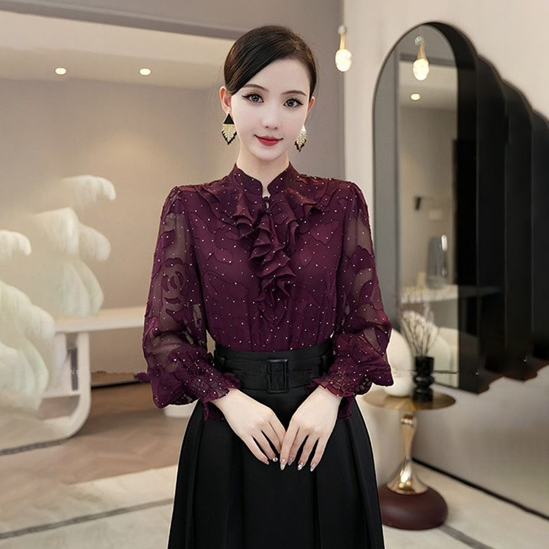 Purple Ruffled Long-Sleeve Shirt for Women, Spring and Autumn, Brightening and Age-Reducing, Exquisite Glitter Design, Luxurious and High-End Top