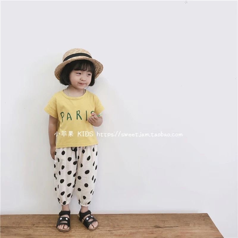 Little Apple 20 mùa hè phiên bản Hàn Quốc của bé trai và bé gái điểm sóng quần muỗi trẻ em cotton nhăn sợi hoang dã quần đèn lồng thủy triều - Quần