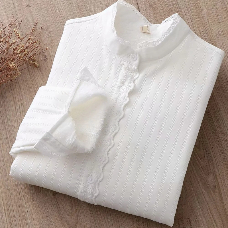 Fleece-Lined Women's Shirt for Autumn and Winter, Long-Sleeved with Lace Trim, Stand-Up Collar, Professional, Warm, Thickened, Inner Layer, Stylish Base Shirt