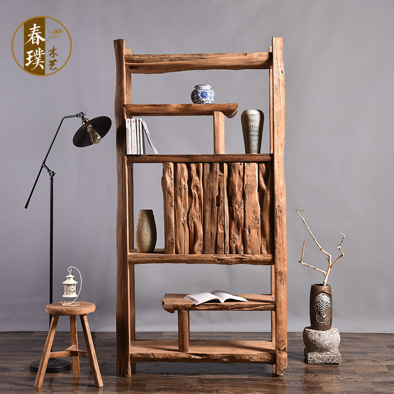 Solid wood bookshelf old elm new Chinese bookcase display cabinet cypress bo ancient frame partition storage cabinet lattice display frame