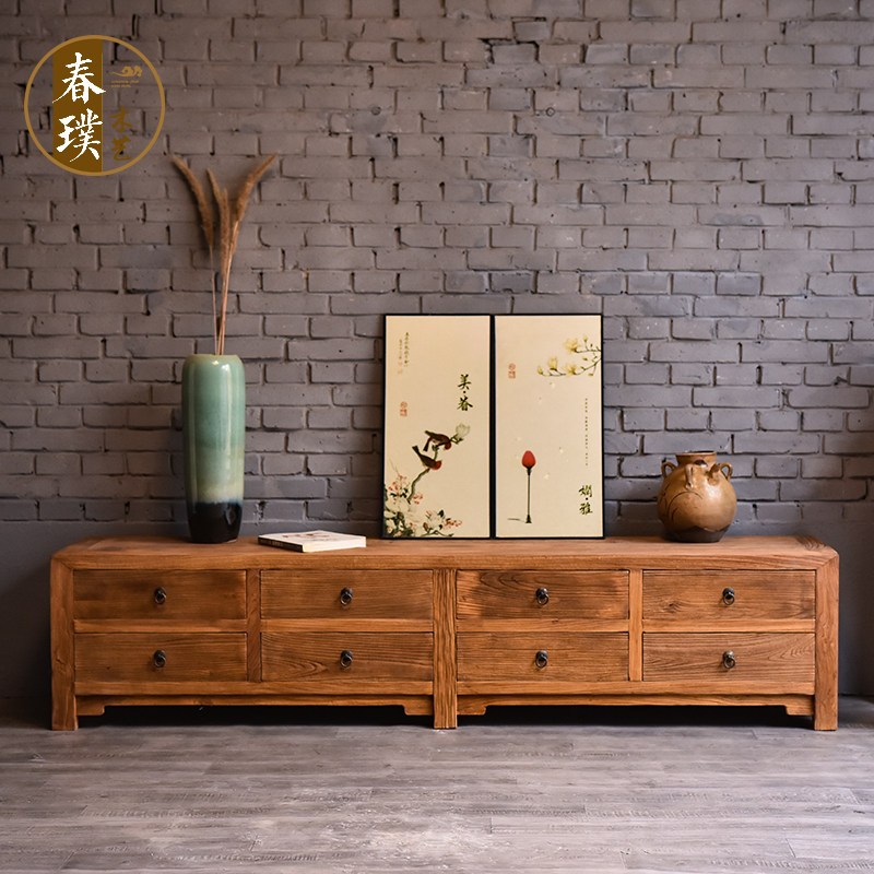 Old Elm TV cabinet coffee table combination full solid wood Chinese weathered pattern modern simple TV chest of drawers wood color