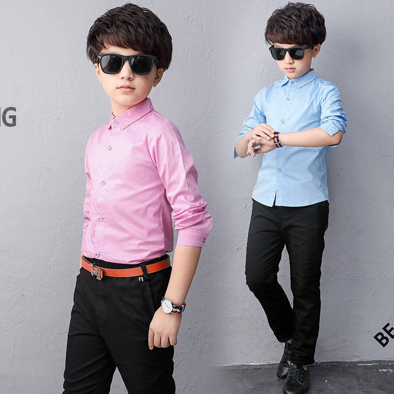 Boys' shirts handsome autumn pink long-sleeved shirts children's good quality blue inner shirts show host Slim