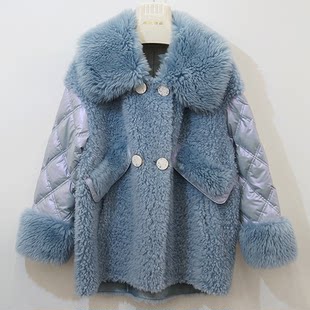 ピュアウールグレインシープムートンコートレディースショートファーコート毛皮ワンピースアンチシーズン冬服スプライスダウンジャケット