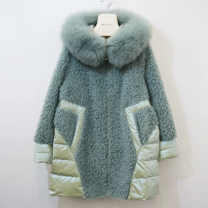 Fox lông len hạt lông cừu lông phụ nữ giữa áo lông dài mùa đông khâu xuống áo khoác với mũ - Faux Fur