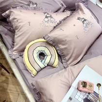 Pink pure cotton tribute satin skin-friendly four-piece unicorn plaster girl frill cotton bedding kit