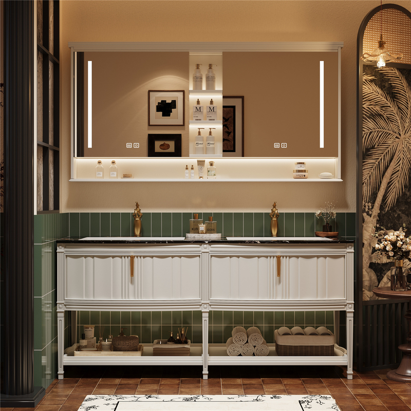 High-End French-Style Vintage Oak Bathroom Cabinet Set with Imported Natural Luxury Stone Washbasin and Vanity Cabinet