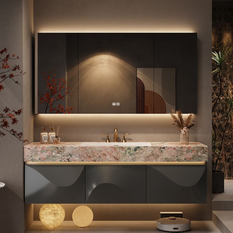 Italian-Style Light Luxury Hotel-Style Four-Season Peach Pink Slate Seamless Basin Bathroom Cabinet Combination Bathroom Sink Washbasin