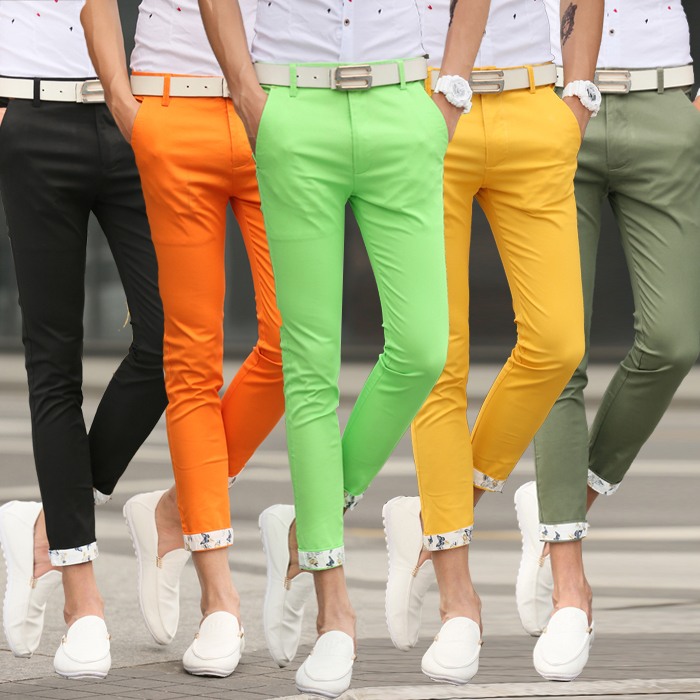 Spring and Summer Men's Colorful Nine-Point Pants, Slim-Fit Stretch Skinny Pants for Teenagers, Korean Style Nine-Point Casual Pants, Trendy Men's Fashion