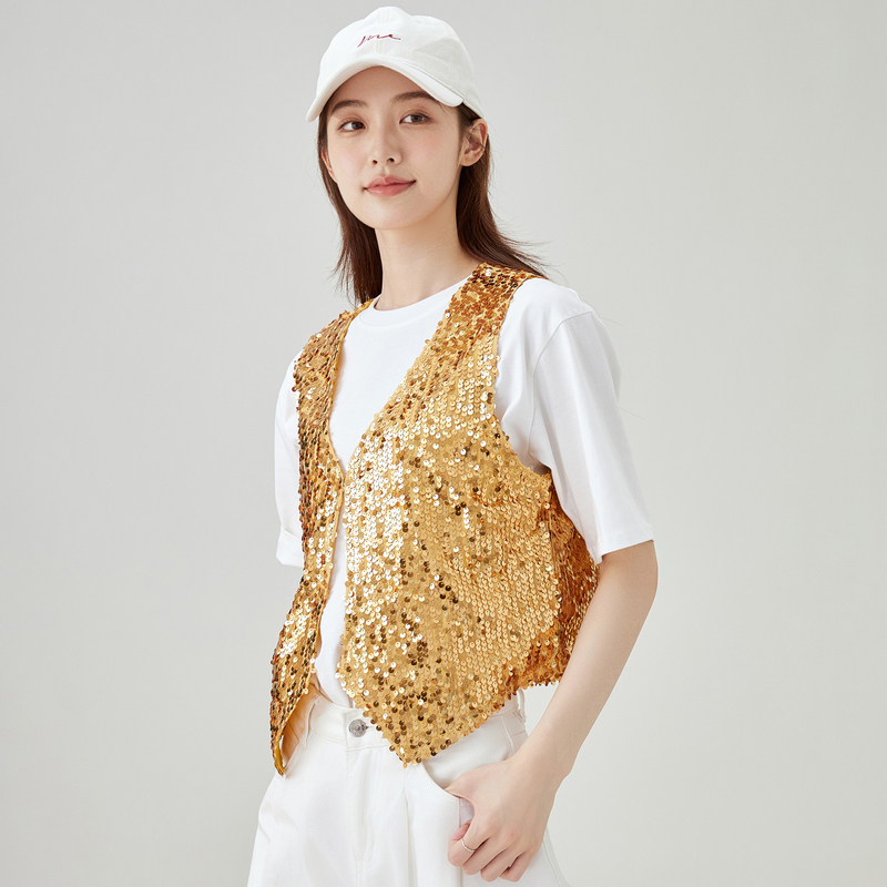 Flashy Gold Sequin Vest for Women, Performance Costume, V-Neck Short Vest, Stage Performance Loose Top for Men and Women Flashy Gold Sequin Vest for Women, Performance Costume, V-Neck Short Vest, Stage Performance Loose Top for Men and Women