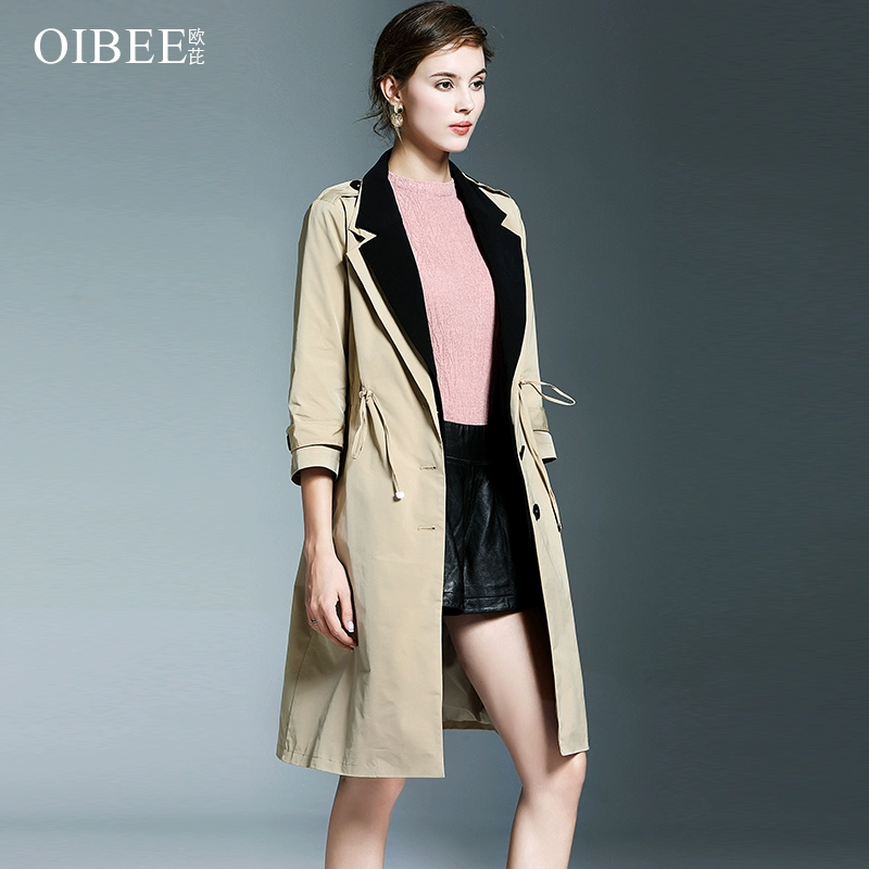 OIBEE2019 Trạm châu Âu mới phù hợp với phụ nữ màu sắc phù hợp với cổ áo thắt lưng tay áo bảy điểm áo giữa áo gió dài - Trench Coat