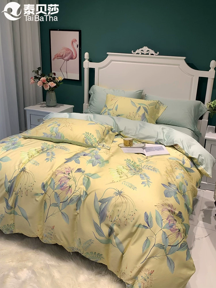 Cotton 60 dài chủ yếu bông nhẹ sang trọng Mỹ bốn mảnh cotton satin in kỹ thuật số AB phiên bản chăn - Bộ đồ giường bốn mảnh