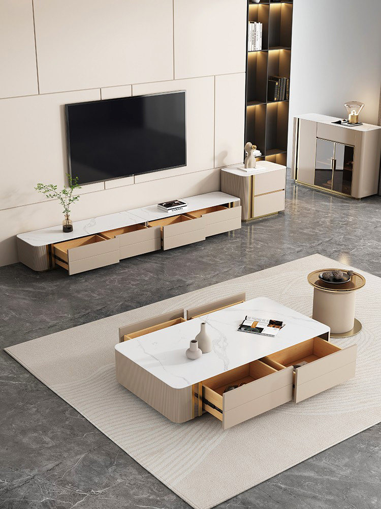 Light luxury low coffee table TV cabinet combination home Italian minimalist small apartment storage living room rock slab solid wood coffee table