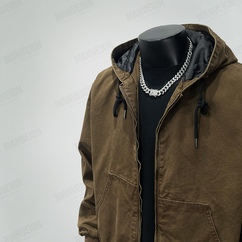 Detroit J130 American High Street Heavy-Duty Washed and Distressed Hooded Denim Canvas Jacket Autumn and Winter Casual Trendy Coat
