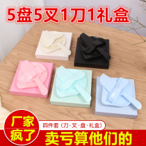 Cake Cutlery Suit Drop Plastic Disposable Dinner Plate Knife Fork Tray Suit Birthday Cake fork Dish Combination