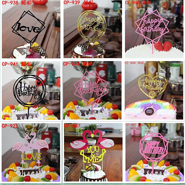 New 5 pieces of acrylic mirror cake decoration card flag happy birthday baking decoration party card