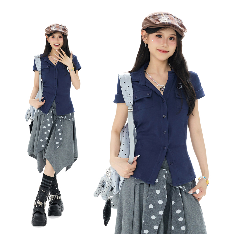 Double L2 American-Style Straight-Shoulder Hot Girl Short-Sleeve T-Shirt for Women, Summer Slim-Fit Waist-Cinching Y2K Short Cardigan Shirt Top