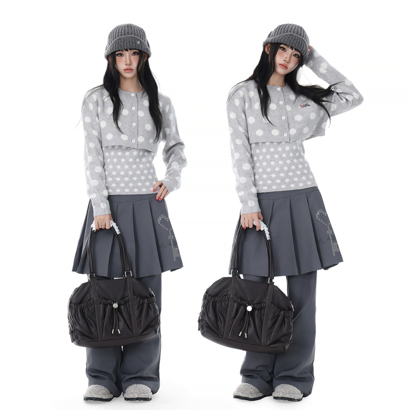 Double L2 Korean-Style Polka Dot Short Knitted Cardigan Sweater for Women, Autumn Lazy Soft Layered Top Two-Piece Set