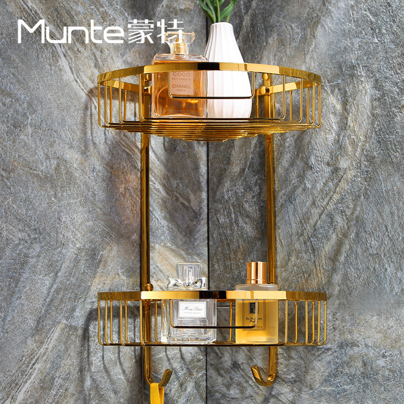 MONT BRASS DOUBLE LAYER CORNER BASKET BATHROOM SHELVE DRESSING ROOM WITH DOUBLE HOOK CORNER RACK WALL-MOUNTED PUNCH MOUNTING