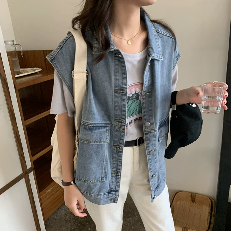 Quần áo phụ nữ Hàn Quốc mua 2021 mùa xuân và mùa thu mới BF gió công cụ denim vest không tay áo ghi lê áo ghi lê lỏng lẻo - Áo vest